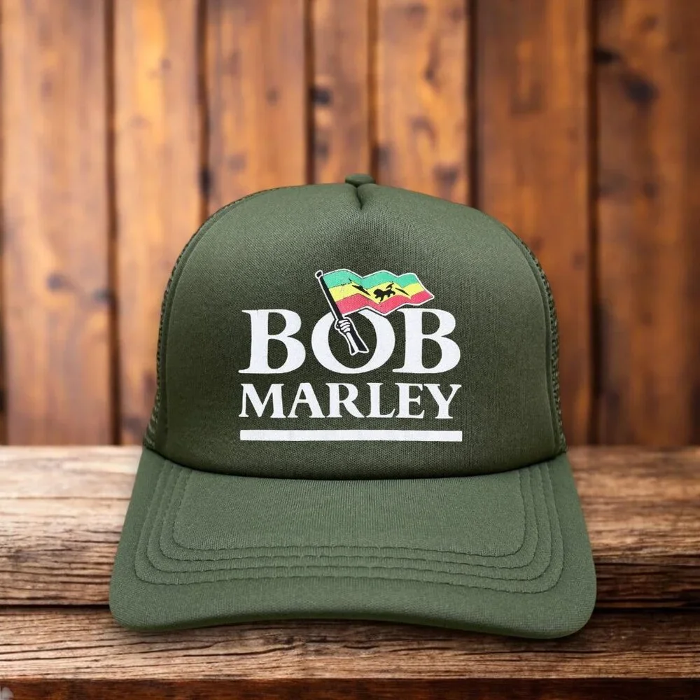 Bob Marley Mens Trucker Hat Olive Jamaica Reggae Three Little Birds Ball Cap
